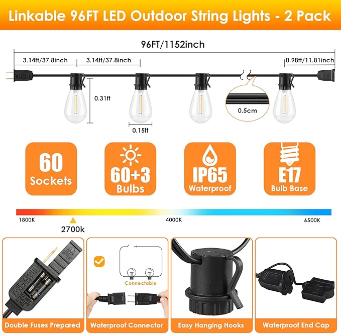 192FT(2x96FT) LED Outdoor String Lights, Patio Lights with 60+3 Shatterproof Waterproof 2700K Dimmable Bulbs | Lumora