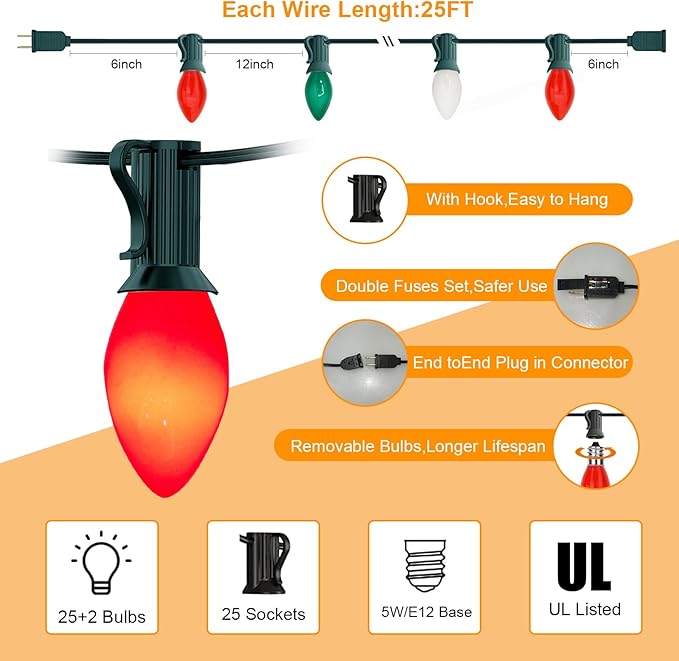 Abeja C7 Multicolor Christmas String Lights, 25Ft Ceramic Multicolor String Lights with 27 C7 Red White Green | Lumora
