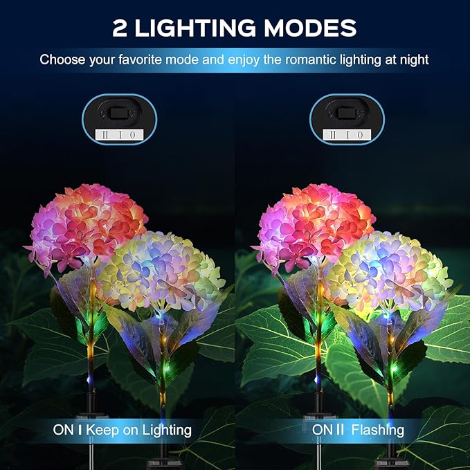 2 Pack Solar Garden Lights Outdoor, LED Colorful Waterproof Solar Powered Hydrangea Flowers Landscape Lights for Patio, Outside Yard, Pathway Decorative, Décor, Two Lightning Modes