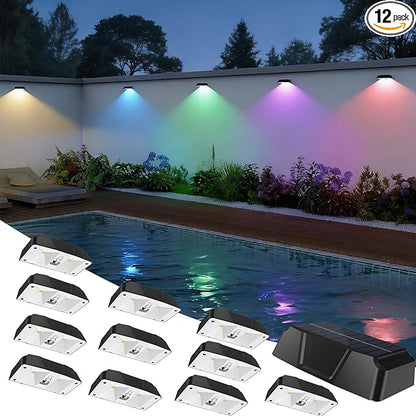 Solar Fence Lights Outdoor,10 Color Modes & RGB Changing Solar Lights for Fence,Ip65 Waterproof,Auto On/Off,Solar Powered Outdoor Lights for Garden,Patio,Pool,Deck,Stairs,Holiday Decor(12p)