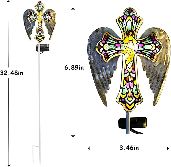 Unique, TEDOF Solar Glass Cross Stake Lights with Angel Wings, Outdoor Memorial Garden Decor for Grave, Festive Yard Lawn Patio Christmas Decoration for Mom, Warm Holiday Lighting