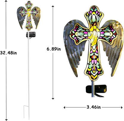 Unique, TEDOF Solar Glass Cross Stake Lights with Angel Wings, Outdoor Memorial Garden Decor for Grave, Festive Yard Lawn Patio Christmas Decoration for Mom, Warm Holiday Lighting
