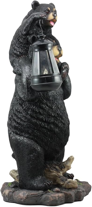 Ebros Rustic Black Bear Family Statue 18.75" Tall with Solar LED Lantern Light - Realistic Wildlife Decor