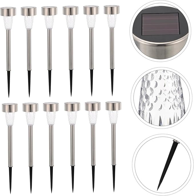 BESPORTBLE 12pcs Solar Powered Outdoor Pathway Lights Stainless Steel Warm Landscape Lighting Kit for Garden Patio Walkway