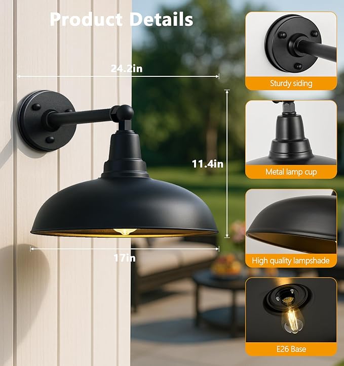 17" Outdoor Gooseneck Barn Light, Matte Black Industrial Wall Mount, Rust and Weatherproof, Vintage Farmhouse Style | Lumora
