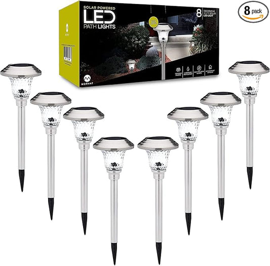 Morvat LED Solar Powered Outdoor Landscape Path Lights with Stainless Steel & Glass Lens, Up to 8 Hours Lighting for Garden Lawn Yard Walkway & Pathway, Waterproof, Dusk to Dawn, White Light, 8 Pack
