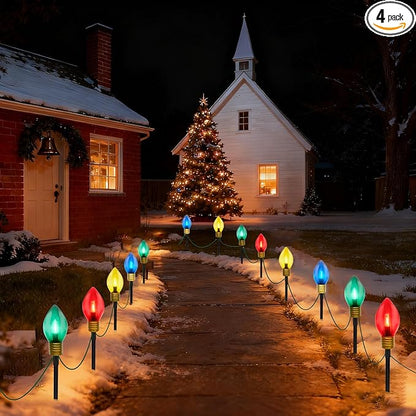 C9 Christmas Path Marker Light Outdoor, 7 Feet LED Christmas Pathway Lights with 4 LED Multicolor Lights and 4 Stakes Waterproof Lawn Walkway Lane Marker Decoration