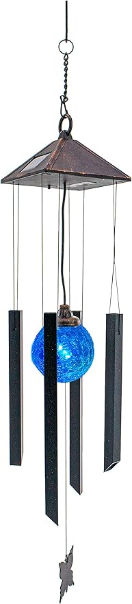 Solar Wind Chimes w/Color Changing Crackle Glass Globe Light w/Butterfly & 4 Iron Tubes - Outside Hanging Led Solar Lights Outdoor Garden Lantern Light
