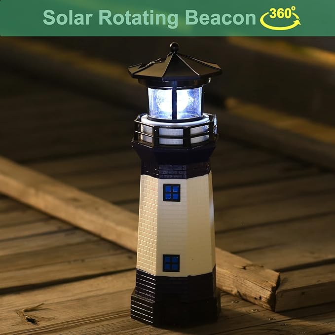 Lighthouse with Rotating Beacon LED Lights - Solar Lighthouse Lamp Outdoor Decorative for Garden Patio Well Cover Gifts(Blue2)
