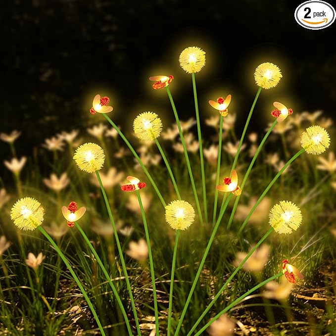 Solar Garden Lights Outdoor (2 Pack 16 LED), Solar Swaying Dandelion Bee Lights Waterproof, Cute Flower Pathway Lights for Yard Lawn Patio Decorations, 2 modes (Steady on, Slow Twinkle), Warm White