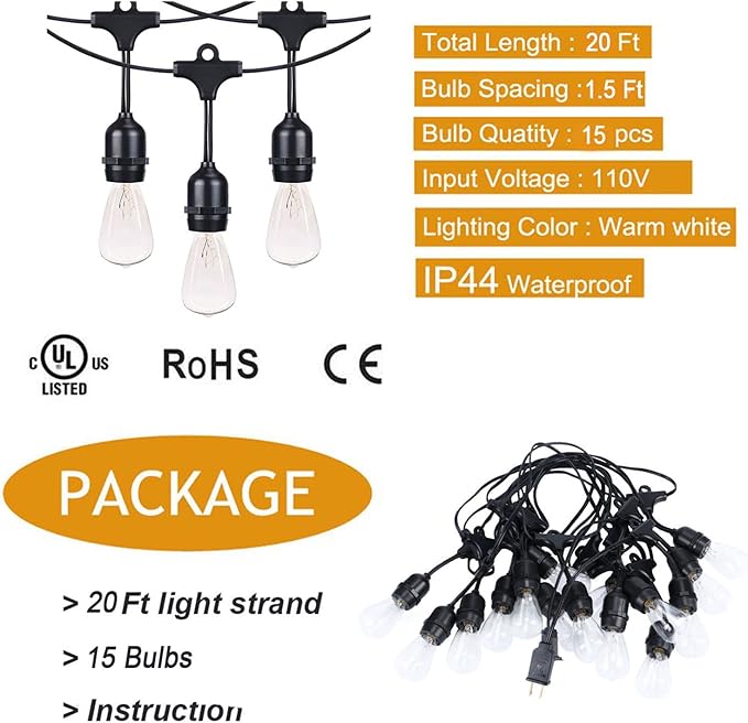 Afirst Outdoor String Lights Waterproof 20FT with 15 Glass Bulbs, Connectable Patio Lights for Garden Backyard Porch Holiday