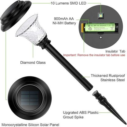 Glass Solar Lights Outdoor waterproof, 4 Pack Super Bright Solar Pathway Lights, Up to 12 Hrs Long Last Auto On/Off Garden Lights Solar Powered, Stainless Steel LED Light For Yard Landscape Cool White