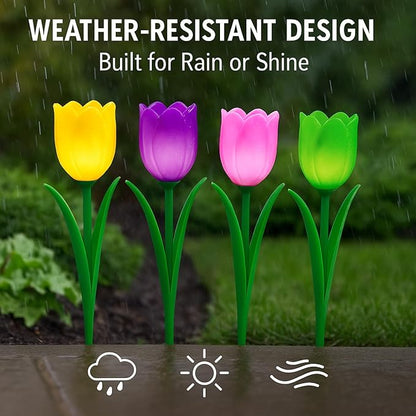 SkyMall Decorative Tulip Stake Lights – Set of 8 Battery-Powered Yard Lights – Garden Pathway LED Flowers in Pink, Purple, Yellow & Green – Outdoor Accent Lighting, 12” Tall, AAA Batteries Required