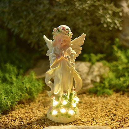 Solar Garden Statues Lights, Guardian Angel Figurines Light with Flower, Resin Praying Angel Figurine Lights Landscape Light, Outdoor Decor Garden Figurine for Patio Balcony Yard Lawn (White Angel)