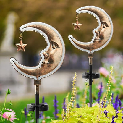 2pack Moom solar garden lights decor, Solar Moon Stars lights outdoor,gifts for Dad,Garden outside decorative,solar powered neon light for pathway,Housewarming Ornament for Yard,Lawn,Patio (Copper)