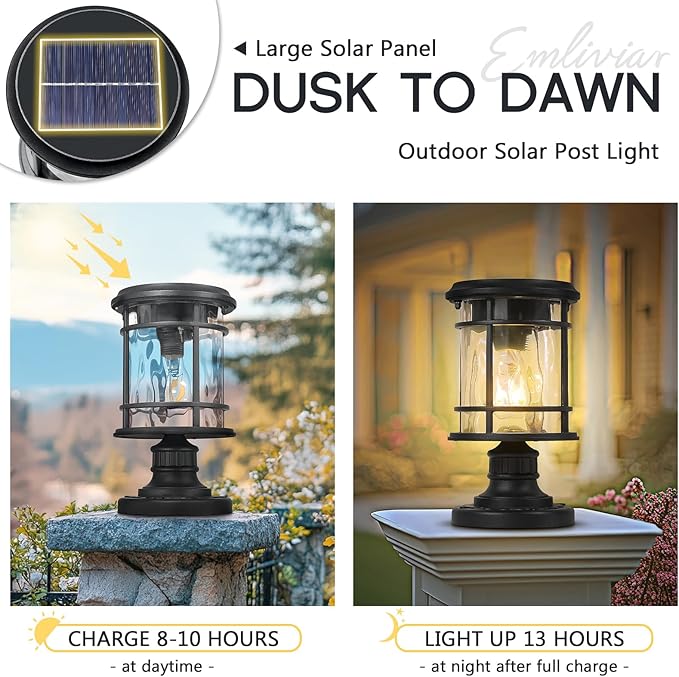 Emliviar Portable Solar Post Light Fixture with Fixed Pire Mount Base, Black 11“ Outside Solar - Outdoor Path Light | Lumora