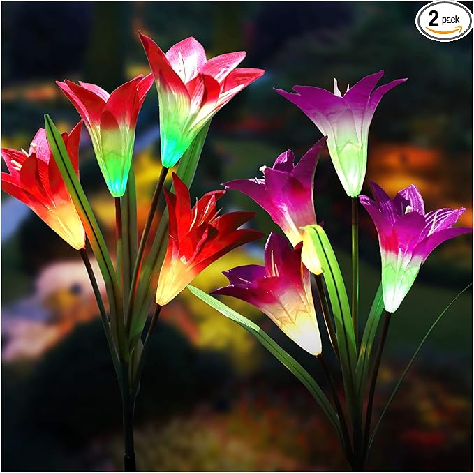 TONULAX Solar Lights Outdoor - Upgraded Garden Light, Multi-Color Changing Lily Solar Flower Lights for Patio,Yard Decoration, Bigger Flower and Wider Panel (2 Pack,Purple and Red)