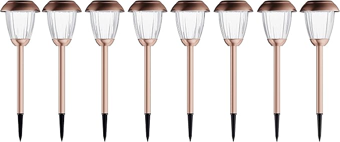 Solar-Powered Outdoor Lights - Set of 8 Stainless-Steel Stake Lights for Gardens, Walkways, Driveways, Landscapes, and Patios by Pure Garden (Copper)