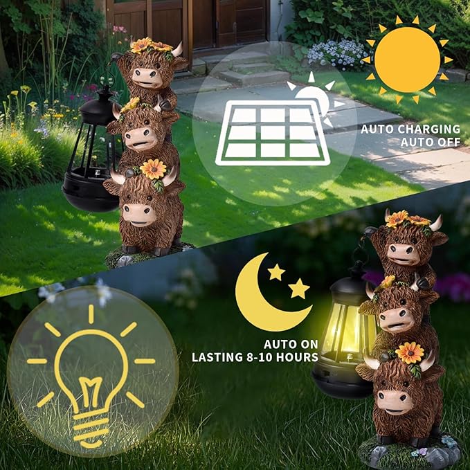 Solar Stacking Highland Three Cute Cow Garden Decor, Outdoor Statue Decorative Resin Light for Yard Decorations Lawn Patio Pathway