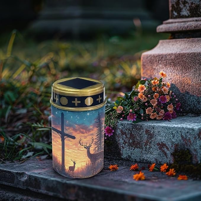 Poceacles Cross Solar Lights Cemetery Solar Lights for Grave Solar Candle Solar Lantern Light Walkway Lights Waterproof Landscape Lighting for Loss of Loved One, Deer Cross Galaxy Star