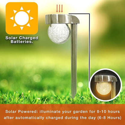 Crosslight Solar Powered Pathway Lights (4 Pack) - Hanging Crackled Ball Outdoor LED Lights, Waterproof for Garden, Yard, Patio, Lawn, Walkway - Decorative Ground Stake Lighting | Warm White