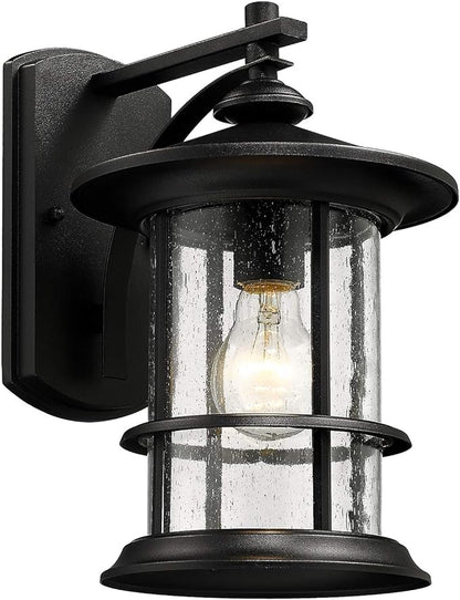 MICSIU 12.5" Large Outdoor Wall Light Fixture, Textured Black Exterior Sconce with Clear Seeded Glass, Anti-Rust Farmhouse Porch Light for Front Door, Garage, Patio, E26 Base, 1-Pack
