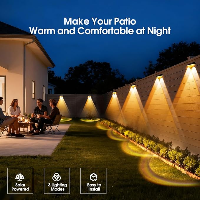 Solar Fence Lights Outdoor, 3 Modes 3000K/4000K/6000K Fence Lights Solar Powered for Outside, IP65 Waterproof, 60 | Lumora