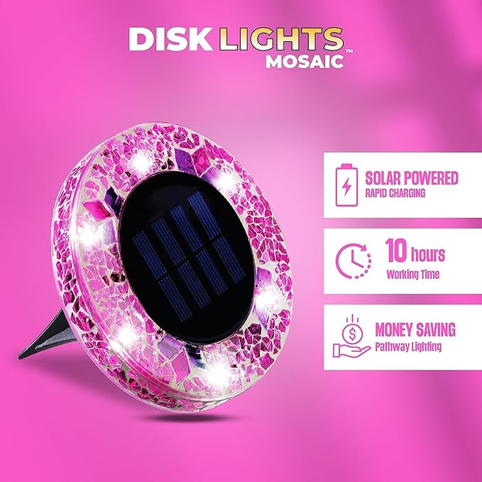 Mosaic Solar Pathway Lights - 8PK Waterproof Outdoor Solar Landscape Lights for Yard, Driveway & Walkway - Pink