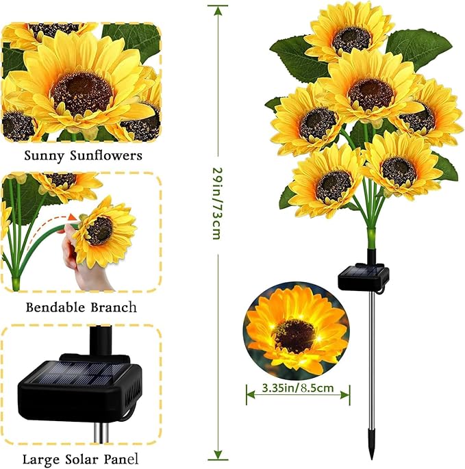 Solar Garden Lights Outdoor, 4 Pack Sunflower Lights with 24 Real Looking Flowers, Waterproof Summer Garden Decor | Lumora