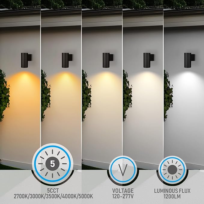 LEONLITE 12 Inch 5CCT Architectural Cylinder LED Down Light Outdoor, 100V-277V 15W Aluminum High-end Wall Sconce | Lumora