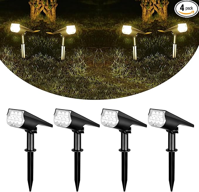 Solar Spot Lights Outdoor, 4 Pack 300LM IP65 Waterproof Solar Landscape Lights with 2000mAh Battery for Pathway, Garden, Yard, Patio（Warm White）