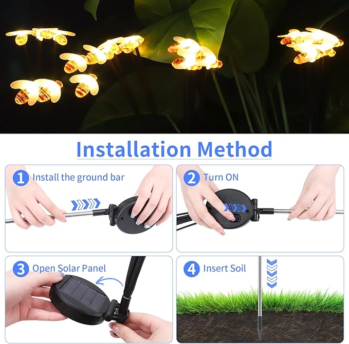 Solar Bee Lights Outdoor Waterproof, 2 Pack Solar Garden Lights with 16 LED and Two Modes,Outdoor Decor for Yard Pathway Landscape Decor with Warm White Light, Garden Decor for Outside