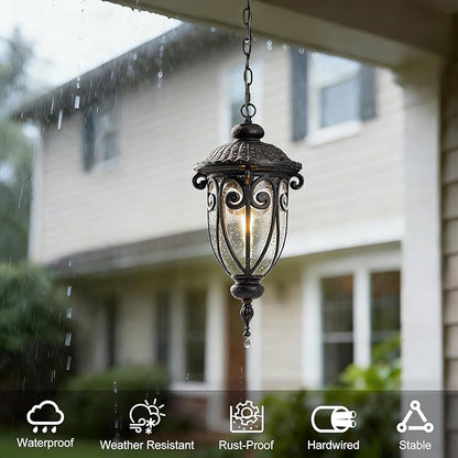 Vintage Bronze Outdoor Pendant Lights for Porch, 20 1/2" High Exterior Hanging Light Fixture with Adjustable Chain, Outside Ceiling Lantern with Seeded Glass for Patio, Entryway