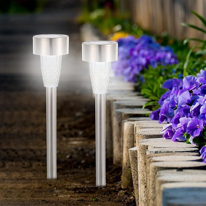 12pcs Stainless Steel Solar Outdoor Pathway Stake Lights for Yard Garden, Waterproof White LED Landscape Lighting | Lumora