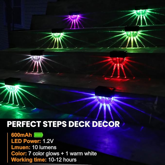 Solar Deck Lights Outdoor - 8 Pack Solar Step Light CIYOYO Waterproof Fence Lights for Patio Stairs Post Pathway Porch Driveway Yard Garden Decor, Warm White/LED Color Glow Lighting