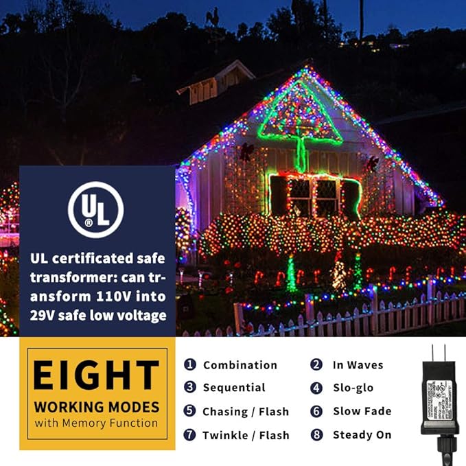 XTF2015 105ft 300 LED Christmas String Lights, End-to-End Plug 8 Modes - UL Certified - Outdoor Indoor Fairy Lights | Lumora
