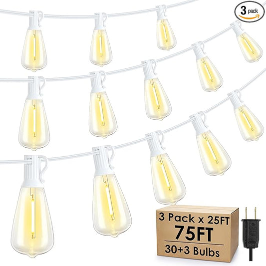 75FT(3x25FT) Outdoor String Lights, Patio Lights with 30+3 LED Dimmable Waterproof Connectable ST38 Bulbs for Gazebo Backyard Christmas, White