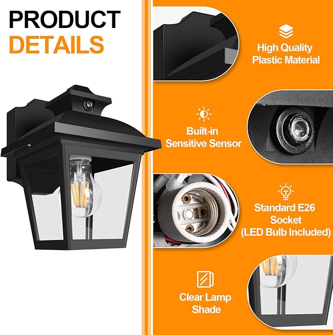 FUDESY Dusk to Dawn Outdoor Wall Lantern, Exterior Sensor Porch Light Wall Mount with LED Bulb, Waterproof Anti-Rust Wall Sconce Lighting , Black Outside Light Fixtures for Hose, Front Door, Garage