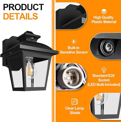 FUDESY Dusk to Dawn Outdoor Wall Lantern, Exterior Sensor Porch Light Wall Mount with LED Bulb, Waterproof Anti-Rust Wall Sconce Lighting , Black Outside Light Fixtures for Hose, Front Door, Garage