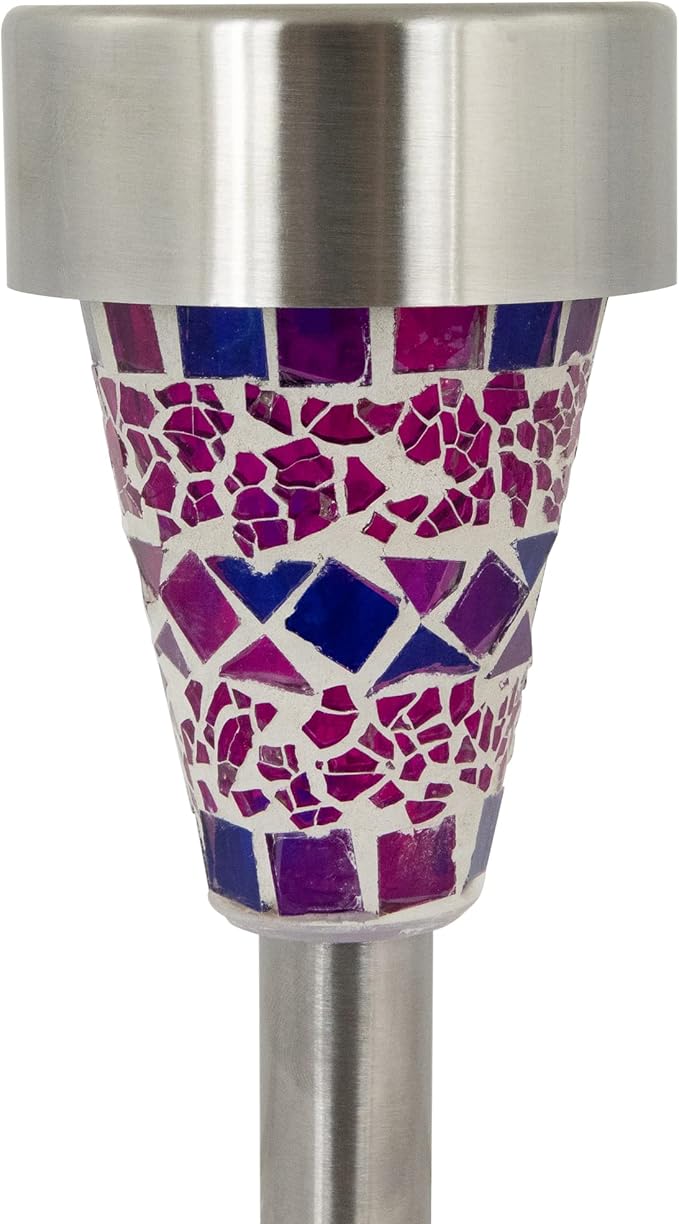 Northlight Set of 3 Purple Mosaic Stained Glass Solar Powered LED Pathway Markers, 15.5"