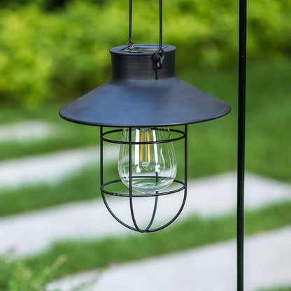 EpicGadget Outdoor Solar Lantern Garden Hanging Light with Shepherd Hook, Retro Metal Solar Lamp with Warm White Edison Bulb Design for Pathway, Porch, Landscape, Lawn, Yard Decoration (Black)
