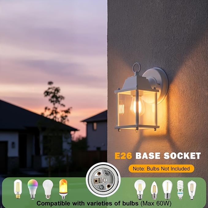 LIT-PaTH Outdoor Wall Lantern, Wall Sconce as Porch Lighting Fixture, E26 Base, Aluminum Housing Plus Glass, Water-Proof and Outdoor Rated, ETL Qualified, 2-Pack, White