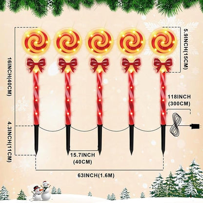 LAMPHOME Christmas Lollipop Pathway Lights，5PCS Decorations Outdoor Yard, Pathway Marker Stake Lights for Patio Ground Path Sidewalk Walkway Driveway