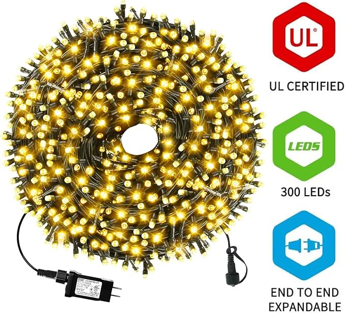 105FT 300LEDs Christmas Lights Outdoor Indoor 8 Modes for Christmas Tree Party Decoration, 100% UL Listed (Warm | Lumora