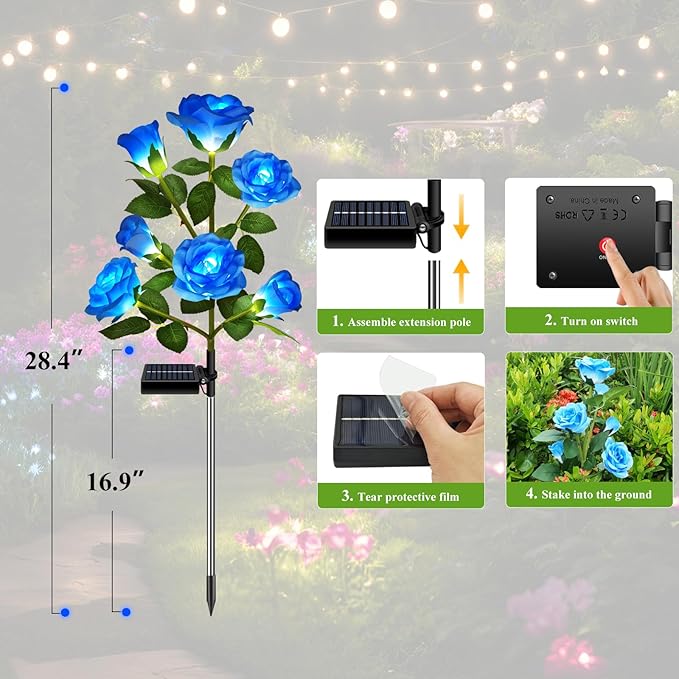 DWH 1 Pack Solar Garden Lights Outdoor, 7-Flower Rose Solar Lights for Yard, LED Solar Powered Stake Lights for Patio Pathway Lawn Fence Cemetery, Blue