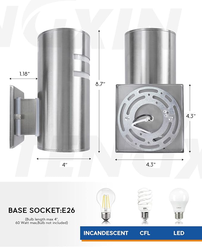 TENGXIN 2 Pack Patio Wall Light Cylinder,Up Down Modern Outdoor Wall Sconce with Stainless Steel Cylinder,Brushed | Lumora
