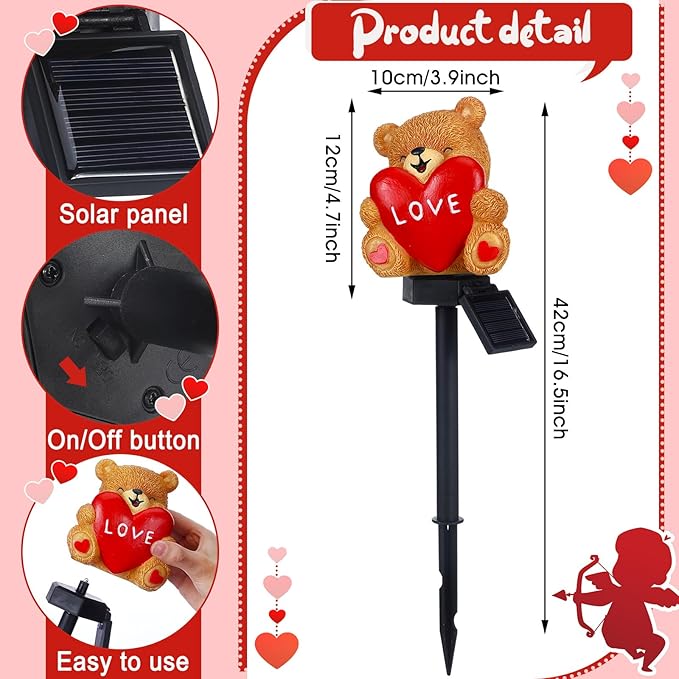 VIHOSE Valentine's Day Solar Bear with Heart Garden Stake Lights Love Themed Bear with Heart Outdoor Solar Lights Waterproof Statue Figurine Garden Art for Home Patio Outdoor Decoration
