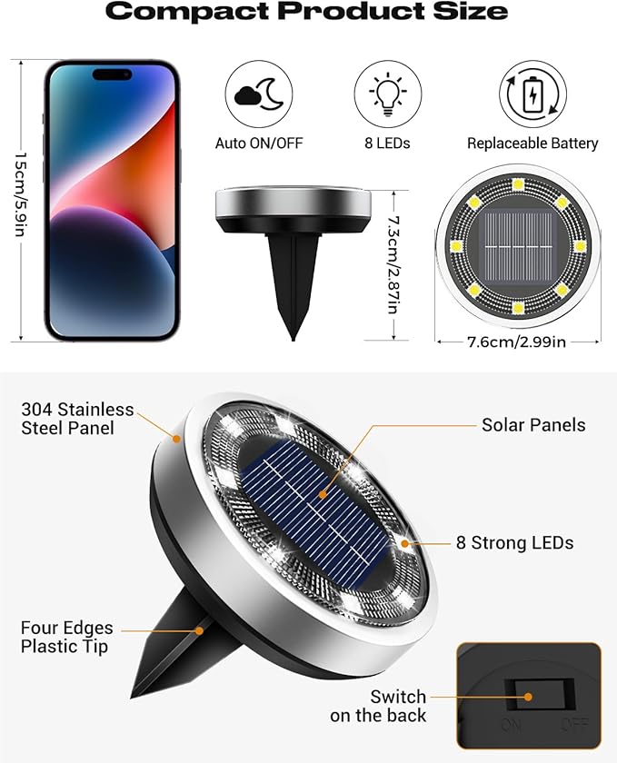 btfarm 16 Pack Solar Lights Outdoor, 8 LED Solar Ground Lights IP65 Waterproof Flat Solar Disc Light, Pathway | Lumora