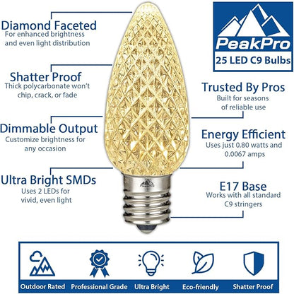 Novelty Lights 500CT Case Faceted Ultra Bright Dimmable Outdoor Christmas Light Replacement Bulbs Decorative LED Christmas Lights, C9 LED Bulbs (Warm White)