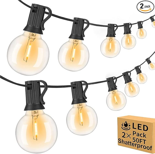 100ft Outdoor String Lights Waterproof/Connectable/Dimmable with 52 LED Shatterproof Bulbs,2-Pack 50ft UL Listed | Lumora